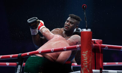 Tyson Fury, of England, the WBC and lineal heavyweight champion, fights with former UFC heavyweight champion Francis Ngannou, of Cameroon, during their boxing match to mark the start of Riyadh Season at Kingdom Arena, in Riyadh, Saudi Arabia, Sunday, Oct. 29, 2023. (AP Photo/Yazeed Aldhawaihi)