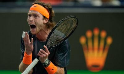 Andrey Rublev of Russia reacts during the men's singles semifinal match against Grigor Dimitrov of Bulgaria in the Shanghai Masters tennis tournament at Qizhong Forest Sports City Tennis Center in Shanghai, China, Saturday, Oct. 14, 2023. (AP Photo/Andy Wong)