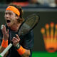 Andrey Rublev of Russia reacts during the men's singles semifinal match against Grigor Dimitrov of Bulgaria in the Shanghai Masters tennis tournament at Qizhong Forest Sports City Tennis Center in Shanghai, China, Saturday, Oct. 14, 2023. (AP Photo/Andy Wong)