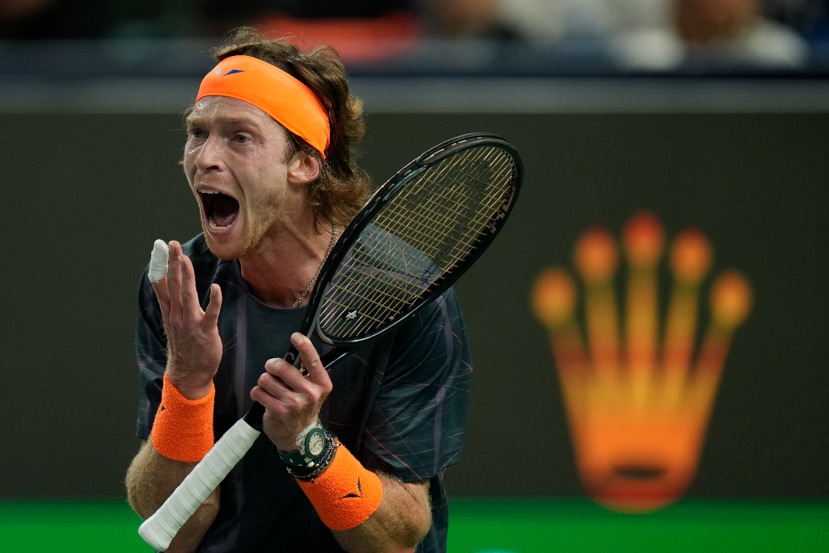 Andrey Rublev of Russia reacts during the men's singles semifinal match against Grigor Dimitrov of Bulgaria in the Shanghai Masters tennis tournament at Qizhong Forest Sports City Tennis Center in Shanghai, China, Saturday, Oct. 14, 2023. (AP Photo/Andy Wong)