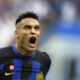 Inter Milan's Lautaro Martinez celebrates after scoring his side's second goal during a Serie A soccer match between Inter Milan and Bologna at the San Siro stadium in Milan, Italy, Saturday, Oct.7, 2023. (Spada/LaPresse via AP)