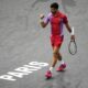 Serbia's Novak Djokovic celebrates winning a point as he plays Argentina's Tomas Martin Etcheverry during the second round of the Paris Masters tennis tournament, at the Accor Arena, Wednesday Nov.1, 2023 in Paris. (AP Photo/Michel Euler)