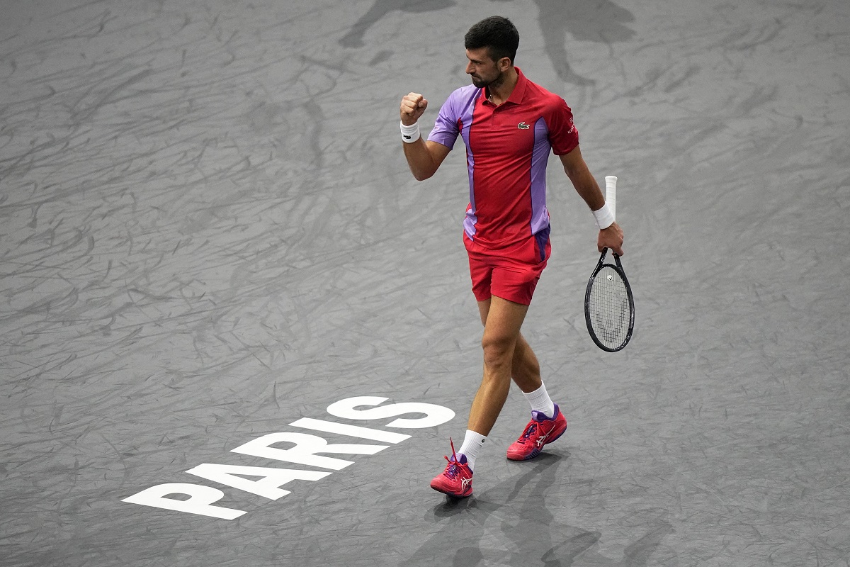 Serbia's Novak Djokovic celebrates winning a point as he plays Argentina's Tomas Martin Etcheverry during the second round of the Paris Masters tennis tournament, at the Accor Arena, Wednesday Nov.1, 2023 in Paris. (AP Photo/Michel Euler)