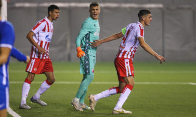 JOVAN MILADINOVIC golman, STEFAN LEKOVIC, mladi fudbaleri Crvene zvezde, na utakmici UEFA omladinske lige, protiv AZ Alkmara, na stadionu TC Stadion Vozdovac Beograd, 01.11.2022. foto: MN press / ds Fudbal, UEFA Youth League, Crvena zvezda, AZ Alkmar