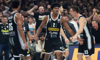 PJ DOZIER Pi Dzej Douzer, ZACH LEDAY Zek Ledej, DANILO ANDJUSIC kosarkasi Partizana na utakmici Jadranske ABA lige protiv Crvene zvezde u hali Stark Beogradska arena, Beograd 30.10.2023. godine Foto: Marko Metlas Kosarka, Partizan, Jadranska ABA liga, Crvena zvezda