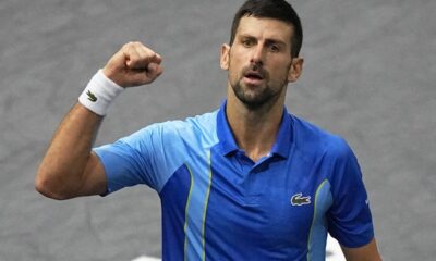 Serbia's Novak Djokovic celebrates after winning a point during the final match against Bulgaria's Grigor Dimitrov at the Paris Masters tennis tournament Sunday, Nov. 5, 2023. (AP Photo/Michel Euler)