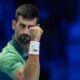 Serbia's Novak Djokovic reacts after winning a point to Italy's Jannik Sinner during their singles final tennis match of the ATP World Tour Finals at the Pala Alpitour, in Turin, Italy, Sunday, Nov. 19, 2023. (AP Photo/Antonio Calanni)