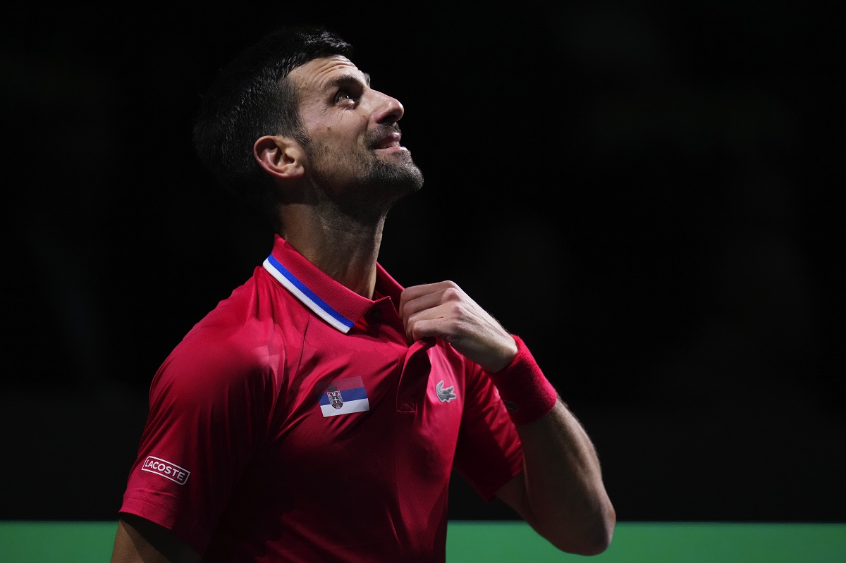 Serbia's Novak Djokovic reacts during a Davis Cup quarter-final tennis match against Britain's Cameron Norrie in Malaga, Spain, Thursday, Nov. 23, 2023. (AP Photo/Manu Fernandez)