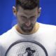 Serbia's Novak Djokovic looks down during a training session ahead of the ATP Finals, in Turin, Italy, Friday, Nov. 10, 2023. (Marco Alpozzi/LaPresse via AP)