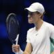 Italy's Jannik Sinner reacts after losing a point to Serbia's Novak Djokovic during their singles final tennis match of the ATP World Tour Finals at the Pala Alpitour, in Turin, Italy, Sunday, Nov. 19, 2023. (AP Photo/Antonio Calanni)