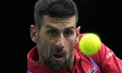 Serbia's Novak Djokovic eyes the ball as he plays Argentina's Tomas Martin Etcheverry during the second round of the Paris Masters tennis tournament, at the Accor Arena, Wednesday Nov.1, 2023 in Paris. (AP Photo/Michel Euler)