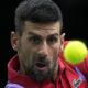Serbia's Novak Djokovic eyes the ball as he plays Argentina's Tomas Martin Etcheverry during the second round of the Paris Masters tennis tournament, at the Accor Arena, Wednesday Nov.1, 2023 in Paris. (AP Photo/Michel Euler)