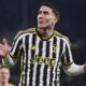 Juventus' Dusan Vlahovic reacts during the Italian Serie A soccer match between Juventus and Inter Milan, at the Allianz stadium in Turin, Italy, Sunday, Nov. 26, 2023. (Marco Alpozzi/LaPresse via AP)