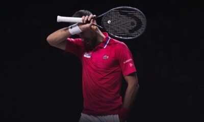 Serbia's Novak Djokovic reacts during a Davis Cup quarter-final tennis match against Britain's Cameron Norrie in Malaga, Spain, Thursday, Nov. 23, 2023. (AP Photo/Manu Fernandez)