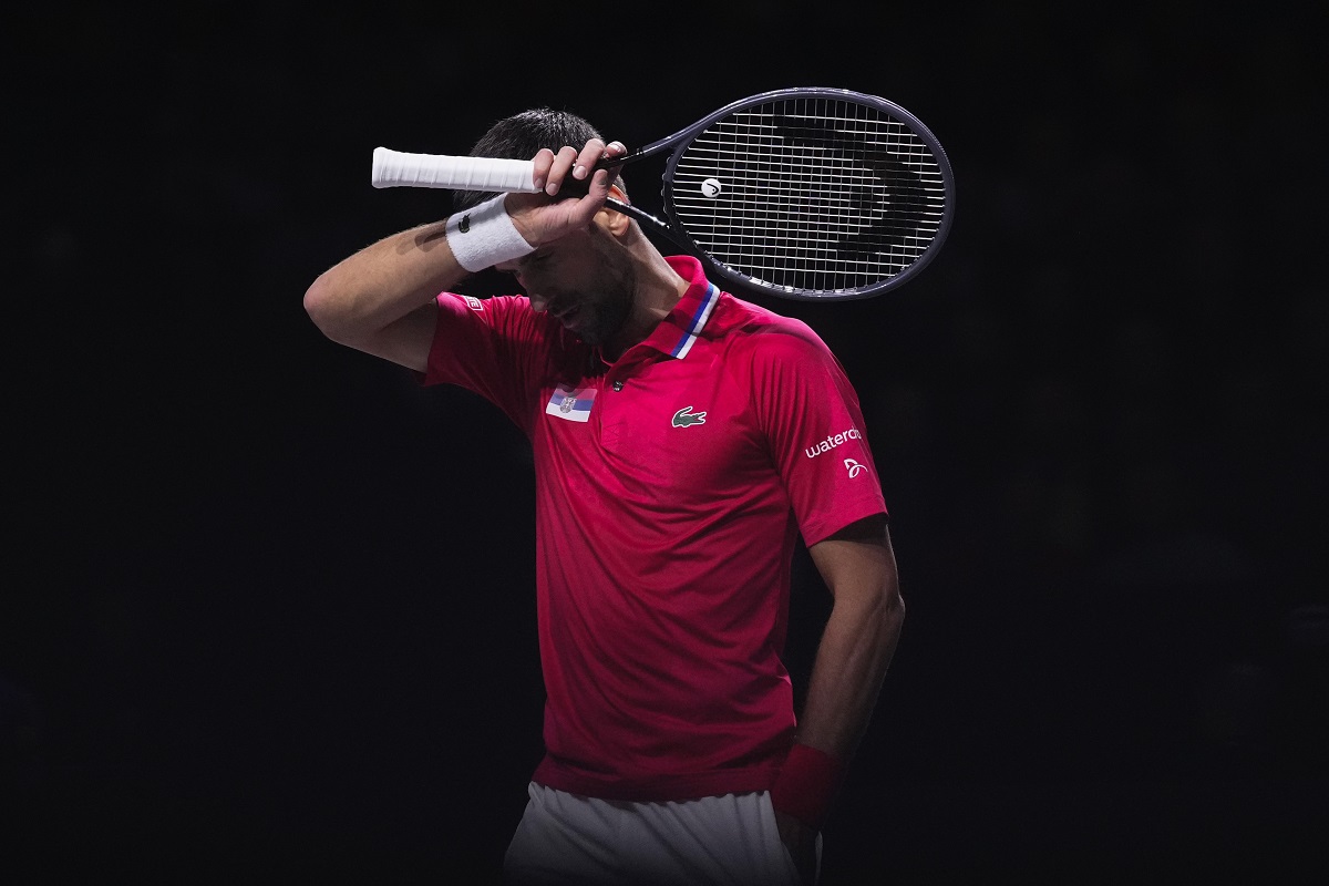 Serbia's Novak Djokovic reacts during a Davis Cup quarter-final tennis match against Britain's Cameron Norrie in Malaga, Spain, Thursday, Nov. 23, 2023. (AP Photo/Manu Fernandez)