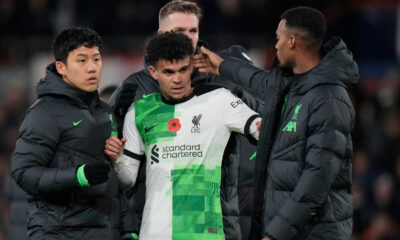 Liverpool's Luis Diaz celebrates with his teammates at the end of the English Premier League soccer match between Luton Town and Liverpool, at Kenilworth Road, in Luton, England, Sunday, Nov. 5, 2023. (Alastair Grant)