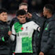 Liverpool's Luis Diaz celebrates with his teammates at the end of the English Premier League soccer match between Luton Town and Liverpool, at Kenilworth Road, in Luton, England, Sunday, Nov. 5, 2023. (Alastair Grant)