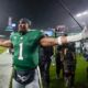 Philadelphia Eagles quarterback Jalen Hurts celebrates after scoring the game winning touchdown against the Buffalo Bills during overtime in an NFL football game Sunday, Nov. 26, 2023, in Philadelphia. (AP Photo/Matt Slocum)