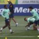 Brazil's Endrick, left, trains with his team ahead of a 2026 World Cup qualifier soccer match against Argentina, in Teresopolis, Brazil, Monday, Nov. 20, 2023. (AP Photo/Bruna Prado)