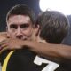 Juventus' Dusan Vlahovic celebrates scoring his side's opening goal during the Italian Serie A soccer match between Juventus and Inter Milan, at the Allianz stadium in Turin, Italy, Sunday, Nov. 26, 2023. (Marco Alpozzi/LaPresse via AP)