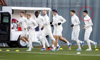 From left, Bayern Munich's Joshua Kimmich, Frans Kraetzig, Dayot Upamecano, Thomas Mueller, Min-jae Kim, Leon Goretzka and Aleksandar Pavlovic run during a training session in Munich, Germany, Tuesday, Nov 7, 2023. Bayern Munich will face Galatasaray SK for a Champions League Group A soccer match in Munich on Nov. 8, 2023. (Matthias Balk/dpa via AP)