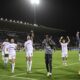 Juventus' Dusan Vlahovic and teammates celebrate their win over Fiorentina after their the Serie A soccer match at Artemio Franchi Stadium, in Florence, Italy, Sunday Nov. 5, 2023. (Massimo Paolone/LaPresse via AP)