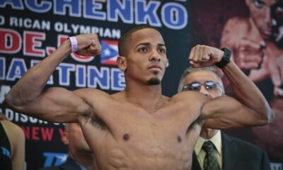 FILE - Puerto Rican boxer Felix Verdejo poses after his weigh-in at Madison Square Garden in New York, June 10, 2016. Verdejo received two life sentences on Nov. 3, 2023 after he was found guilty in the killing of his 27-year-old pregnant lover. (AP Photo/Bebeto Matthews, File)