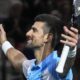 Serbia's Novak Djokovic celebrates after defeating Russia's Andrej Rublev during the semifinals of the Paris Masters tennis tournament at the Accor Arena, Saturday, Nov. 4, 2023, in Paris. (AP Photo/Michel Euler)