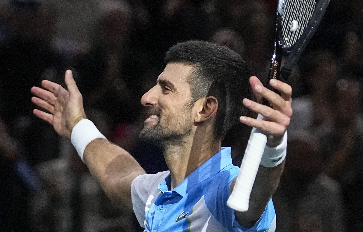 Serbia's Novak Djokovic celebrates after defeating Russia's Andrej Rublev during the semifinals of the Paris Masters tennis tournament at the Accor Arena, Saturday, Nov. 4, 2023, in Paris. (AP Photo/Michel Euler)