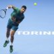 Serbia's Novak Djokovic serves to Spain's Carlos Alcaraz during their singles semifinal tennis match of the ATP World Tour Finals at the Pala Alpitour, in Turin, Italy, Saturday, Nov. 18, 2023. (AP Photo/Antonio Calanni)