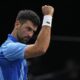 Serbia's Novak Djokovic reacts after winning a point from Russia's Andrej Rublev during the semifinal of the Paris Masters tennis tournament at the Accor Arena, Saturday, Nov. 4, 2023, in Paris. (AP Photo/Michel Euler)