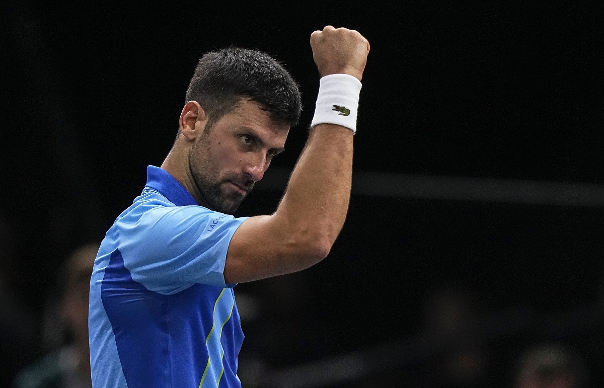 Serbia's Novak Djokovic reacts after winning a point from Russia's Andrej Rublev during the semifinal of the Paris Masters tennis tournament at the Accor Arena, Saturday, Nov. 4, 2023, in Paris. (AP Photo/Michel Euler)