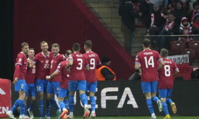 Czech Republic's Tomas Soucek celebrates with teammates after scoring his sides first goal during the Euro 2024 group E qualifying soccer match between Poland and Czech Republic at the National stadium in Warsaw, Poland, Friday, Nov. 17, 2023. (AP Photo/Czarek Sokolowski)