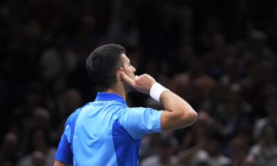 Serbia's Novak Djokovic reacts during the quarterfinal match against Denmark's Holger Rune of the Paris Masters tennis tournament, at the Accor Arena in Paris, Friday, Nov. 3, 2023. (AP Photo/Michel Euler)