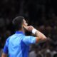 Serbia's Novak Djokovic reacts during the quarterfinal match against Denmark's Holger Rune of the Paris Masters tennis tournament, at the Accor Arena in Paris, Friday, Nov. 3, 2023. (AP Photo/Michel Euler)