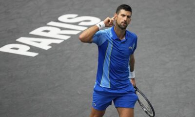 Serbia's Novak Djokovic celebrates after winning a point during the final match against Bulgaria's Grigor Dimitrov at the Paris Masters tennis tournament Sunday, Nov. 5, 2023. (AP Photo/Michel Euler)