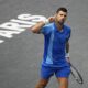 Serbia's Novak Djokovic celebrates after winning a point during the final match against Bulgaria's Grigor Dimitrov at the Paris Masters tennis tournament Sunday, Nov. 5, 2023. (AP Photo/Michel Euler)