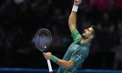 Serbia's Novak Djokovic reacts during his singles semifinal tennis match against Spain's Carlos Alcaraz of the ATP World Tour Finals at the Pala Alpitour, in Turin, Italy, Saturday, Nov. 18, 2023. (AP Photo/Antonio Calanni)
