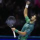 Serbia's Novak Djokovic reacts during his singles semifinal tennis match against Spain's Carlos Alcaraz of the ATP World Tour Finals at the Pala Alpitour, in Turin, Italy, Saturday, Nov. 18, 2023. (AP Photo/Antonio Calanni)