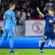Topola's goalkeeper Veljko Ilic, left, and his teammate Nemanja Petrovic, right, react during the Europa League Group A soccer match between SC Freiburg and TSC Backa Topola in Freiburg, Germany, Thursday, Nov. 9, 2023 (Tom Weller/dpa via AP)