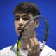 Spain's Carlos Alcaraz reacts as he plays Serbia's Novak Djokovic during a training session ahead of the ATP Finals, in Turin, Italy, Friday, Nov. 10, 2023. (Marco Alpozzi/LaPresse via AP)