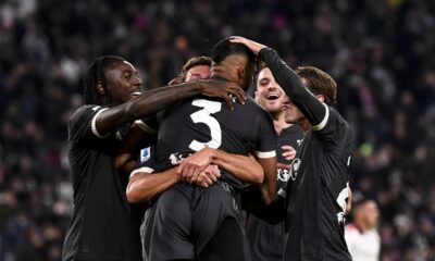 Juventus' Gleison Bremer, number 3, celebrates with teammates after scoring during the Serie A soccer match between Juventus and Cagliari at the Juventus Stadium in Turin, Italy, Saturday, Nov. 11, 2023. (Fabio Ferrari/LaPresse via AP)