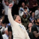 Dallas Mavericks team owner Mark Cuban celebrates late in the second half of an NBA basketball game against the Houston Rockets in Dallas, Tuesday, Nov. 28, 2023. (AP Photo/Tony Gutierrez)