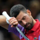 Serbia's Novak Djokovic wipes his forehead as he plays Argentina's Tomas Martin Etcheverry during the second round of the Paris Masters tennis tournament, at the Accor Arena, Wednesday Nov.1, 2023 in Paris. (AP Photo/Michel Euler)