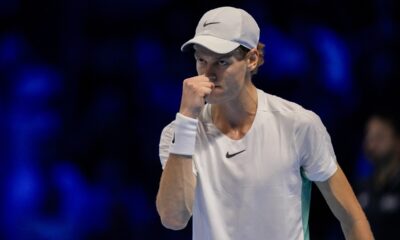 Italy's Jannik Sinner celebrates after winning a point against Russia's Daniil Medvedev during their singles semifinal tennis match of the ATP World Tour Finals at the Pala Alpitour, in Turin, Italy, Saturday, Nov. 18, 2023. (AP Photo/Antonio Calanni)