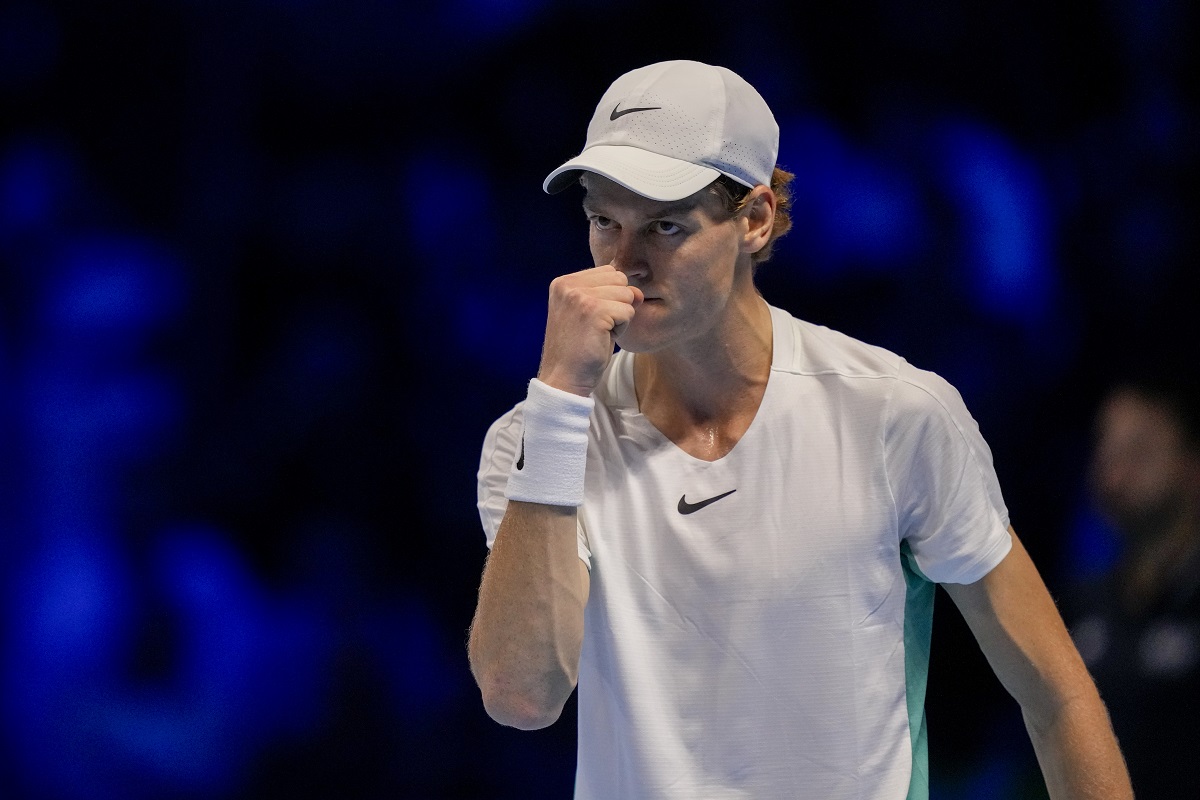 Italy's Jannik Sinner celebrates after winning a point against Russia's Daniil Medvedev during their singles semifinal tennis match of the ATP World Tour Finals at the Pala Alpitour, in Turin, Italy, Saturday, Nov. 18, 2023. (AP Photo/Antonio Calanni)