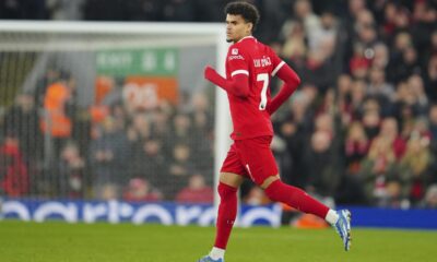 Liverpool's Luis Diaz enters to the pitch during the English Premier League soccer match between Liverpool and Brentford at Anfield stadium in Liverpool, England, Sunday, Nov. 12, 2023. (AP Photo/Jon Super)