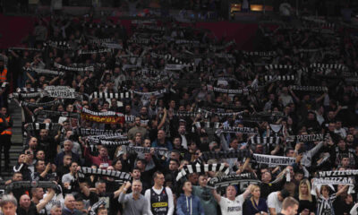 Grobari, navijači Partizana na utakmici Evrolige protiv Olimpija Armani Milano u hali Stark Beogradska arena, Beograd 07.12.2023. godine Foto: Marko Metlas Kosarka, Partizan, Evroliga, Olimpija Armani Milano