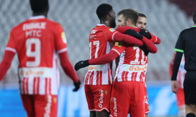 Žan-Filip Kraso, Aleksandar Katai, Nikola Knežević fudbaler Crvene zvezde na utakmici Kupa Srbije protiv Radnickog na stadionu Rajko Mitic. Beograd, 06.12.2023. Foto: Marko Metlas Fudbal, Kup Srbije, Crvena zvezda, Radnicki
