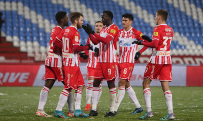 Žan-Filip Kraso, Aleksandar Katai, Šerif Endijaje, Vladimir Lučić, Marko Stamenić, fudbaler Crvene zvezde na utakmici Kupa Srbije protiv Radnickog na stadionu Rajko Mitic. Beograd, 06.12.2023. Foto: Marko Metlas Fudbal, Kup Srbije, Crvena zvezda, Radnicki
